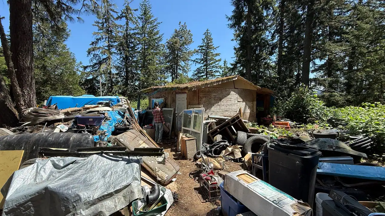 Before photo of a leaning shed in a backyard