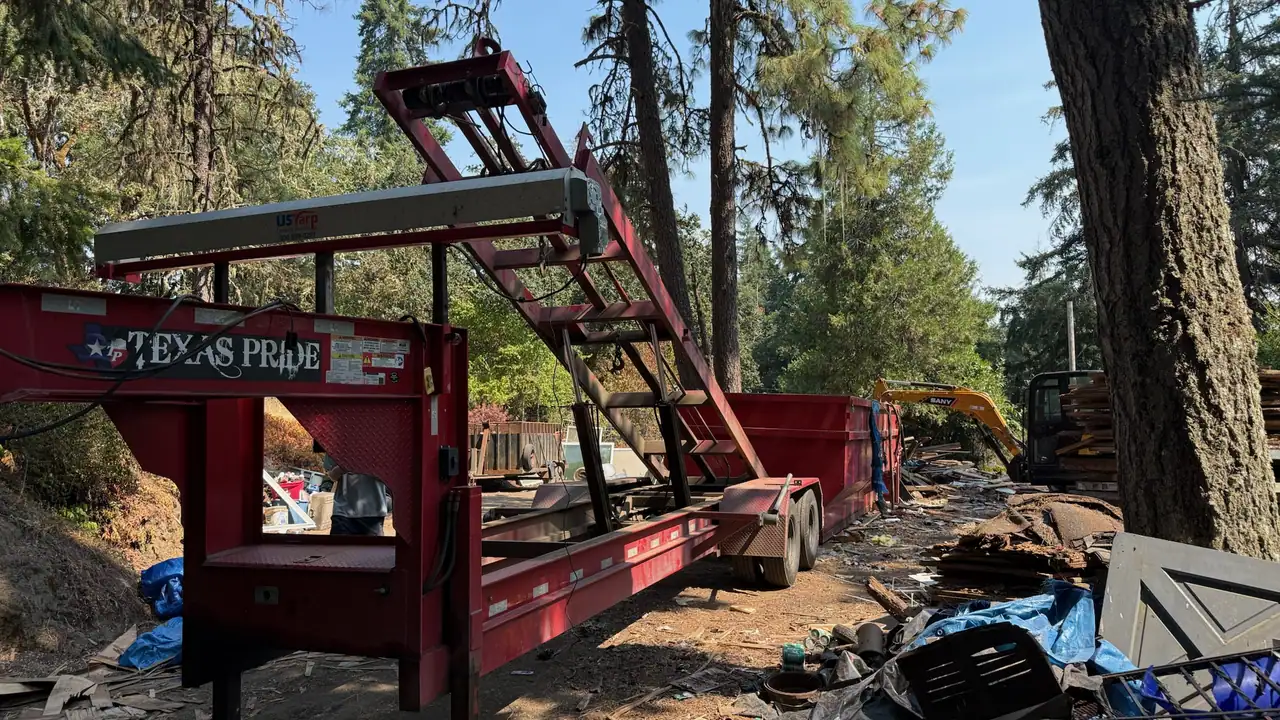 Shed demolition crew staging equipment in Eugene, Oregon